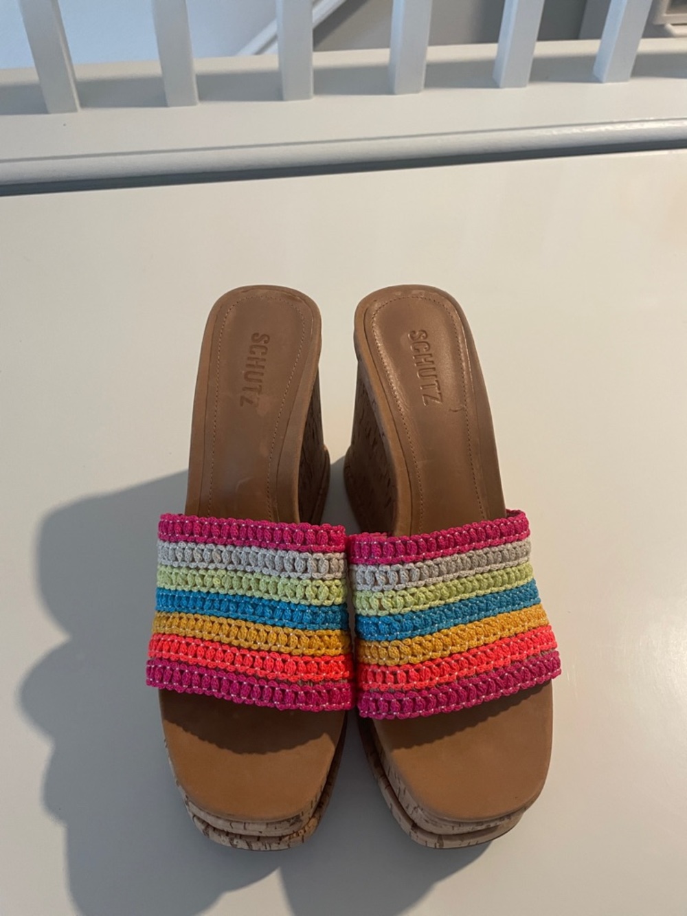 SCHUTZ Dalle Platform Cork Wedge Sandal Multicolor Crochet Strap Size 9.5 - Picture 4 of 7